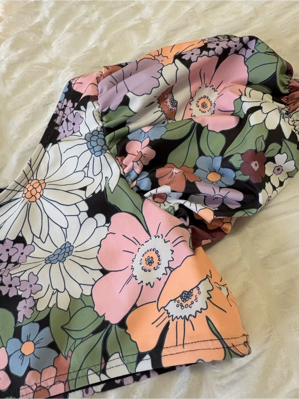 Cotton On Floral Puff-Sleeve Kids Bikini in Black, Pink, Peach & Green